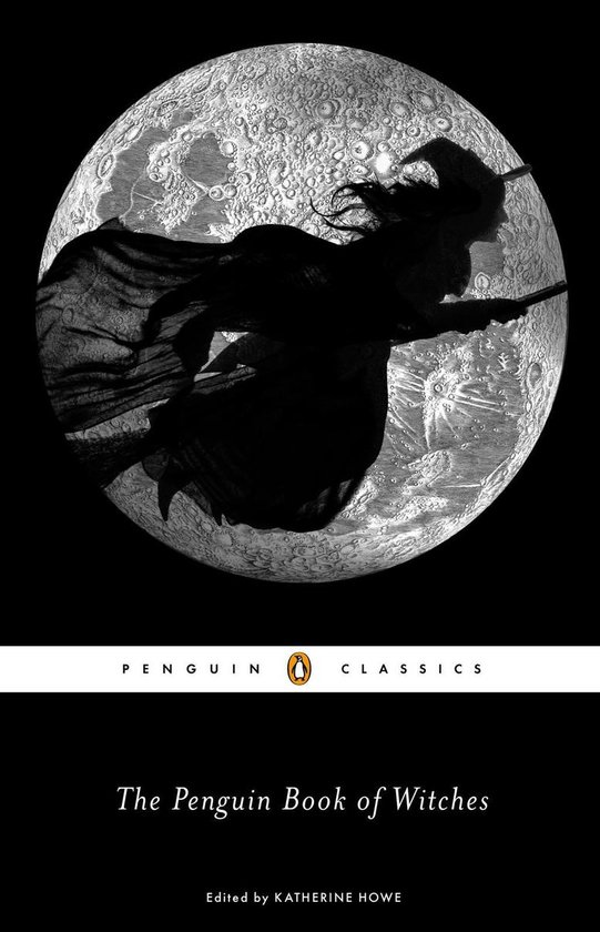 Boek kaft met een heks die op een bezem over de maan vliegt. Titel: The Penguin Book of Witches.
