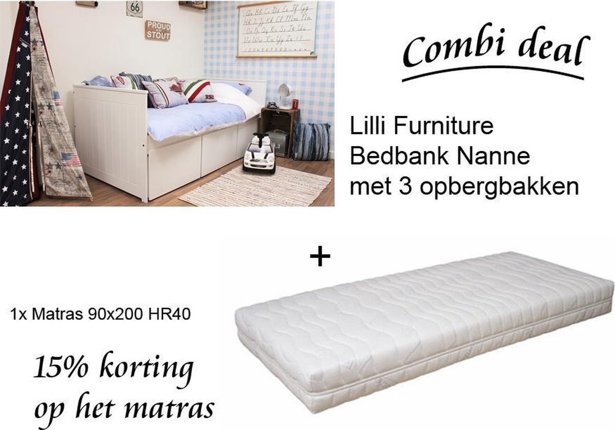 Lilli Furniture Bedbank Nanne met 3 opbergbakken en matras