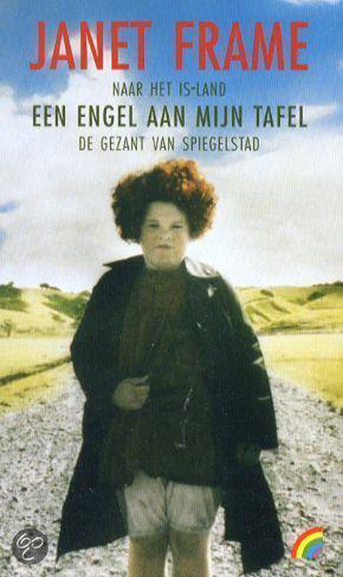 Boek "Een engel aan mijn tafel" met afbeelding van een jong persoon met krullend bruin haar, donkere jas en korte broek, in een landelijke omgeving.