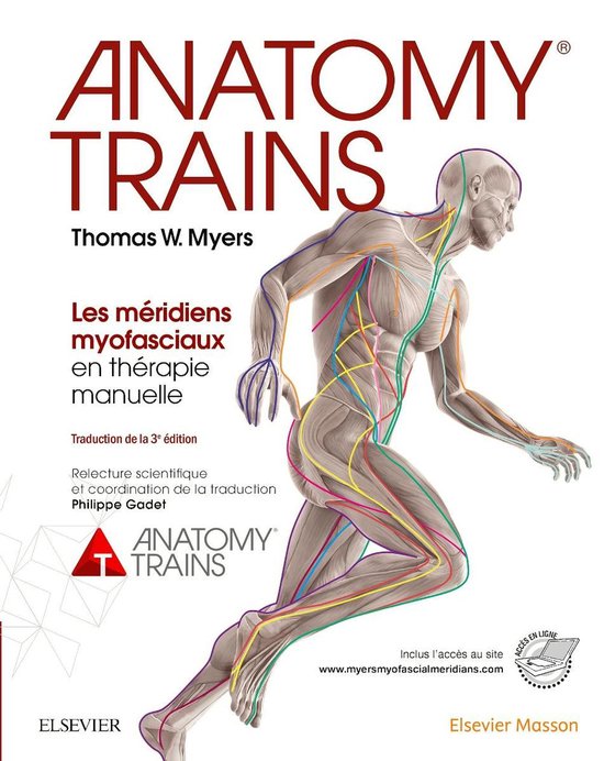 Boek 'Anatomy Trains' met een anatomische illustratie van het menselijk lichaam, de spierlijnen zijn in verschillende kleuren weergegeven.