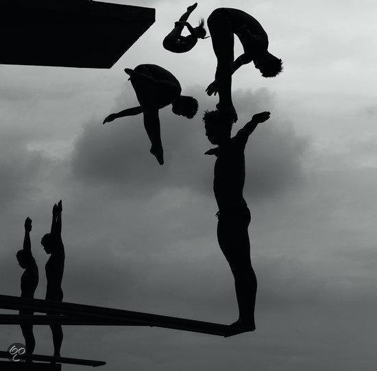 Zwart-wit silhouetten van duikers in de lucht, sommigen in groepen, tegen een bewolkte hemel.