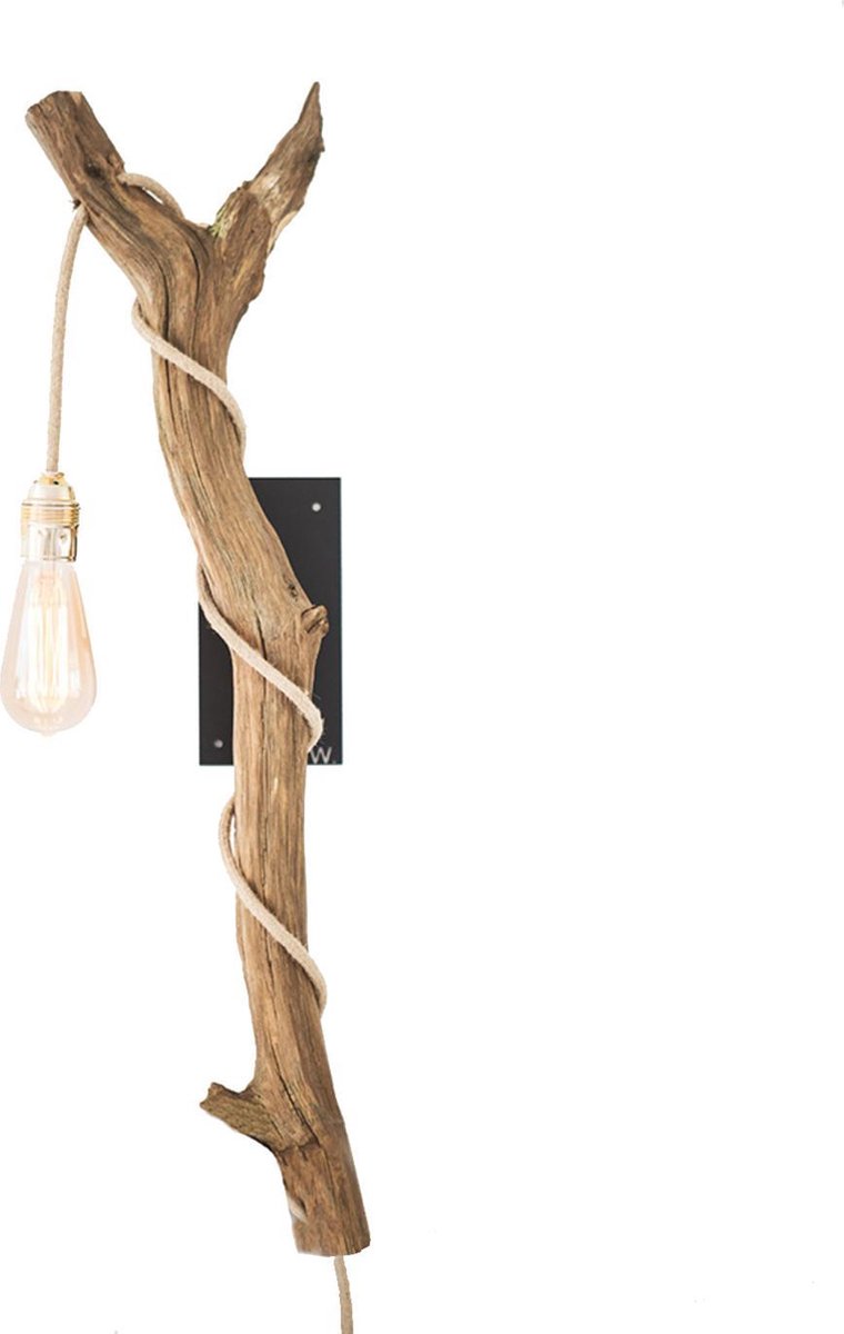 Houten boomstronk wandlamp incl LED spiraal lamp (linnen kabel)