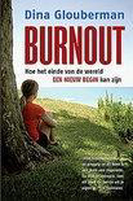 Een kind zit onder een boom en kijkt naar de zee. De titel van het boek "Burnout" staat bovenaan.