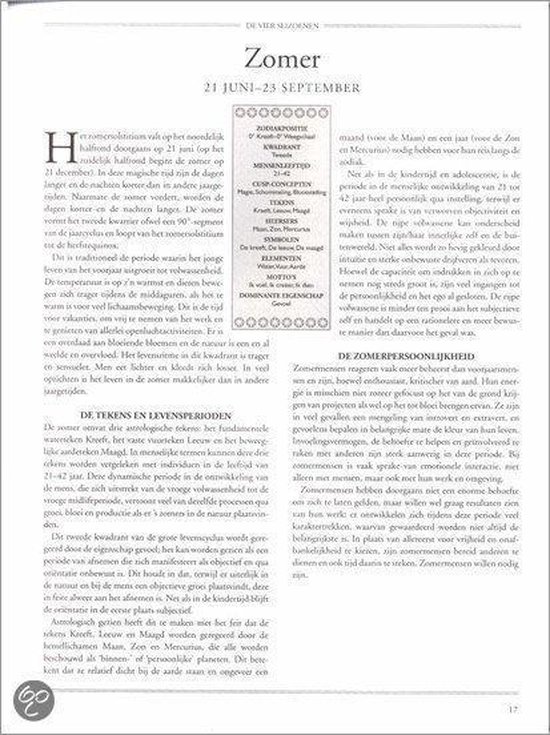 Pagina met astrologische teksten over de zomer, inclusief diagrammen en lijsten.