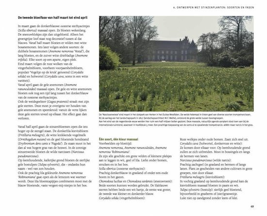 Paarse en witte bloemen in een park bij een landhuis.