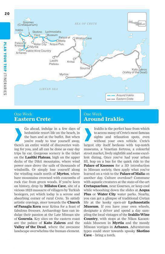 Kaarten van Oost-Kreta en Iraklio, met bezienswaardigheden.