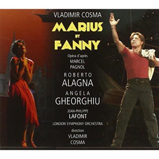 De cast van Marius et Fanny, met Angela Gheorghiu in rode jurk en Roberto Alagna in gestreept shirt.