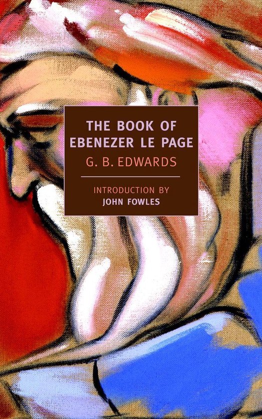 Boek kaft met abstracte gezichtsuitdrukking in rood, blauw en roze. Titel: The Book of Ebenezer Le Page.
