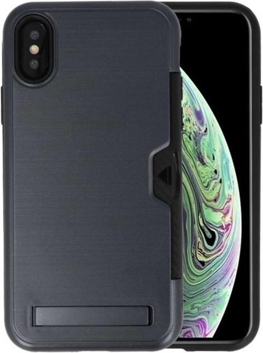 Zwart Tough Armor Kaarthouder Stand Hoesje voor iPhone X / XS