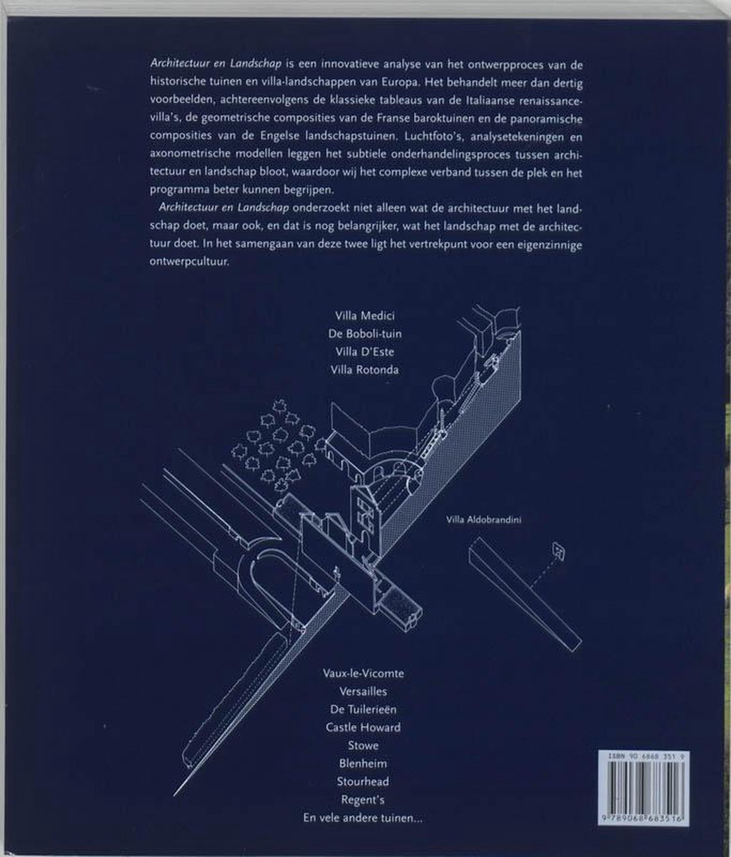 Achterkant boek Architectuur en Landschap met tekst en illustraties van beroemde Europese tuinen.