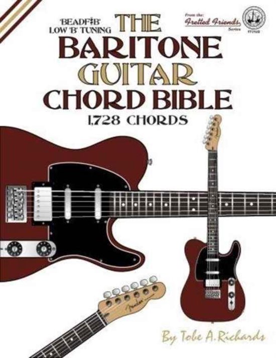Boekomslag met de titel 'The Baritone Guitar Chord Bible' en afbeeldingen van gitaren.