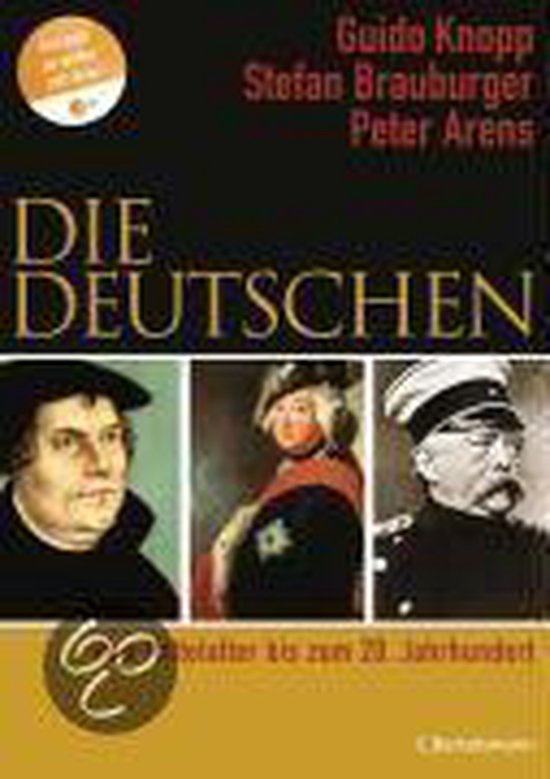 Boekomslag 'Die Deutschen' met portretten van Martin Luther, een middeleeuwse vrouw en een Duitse generaal. Ondertitel: 'Momenteel geschiedenis tot de 20e eeuw'.