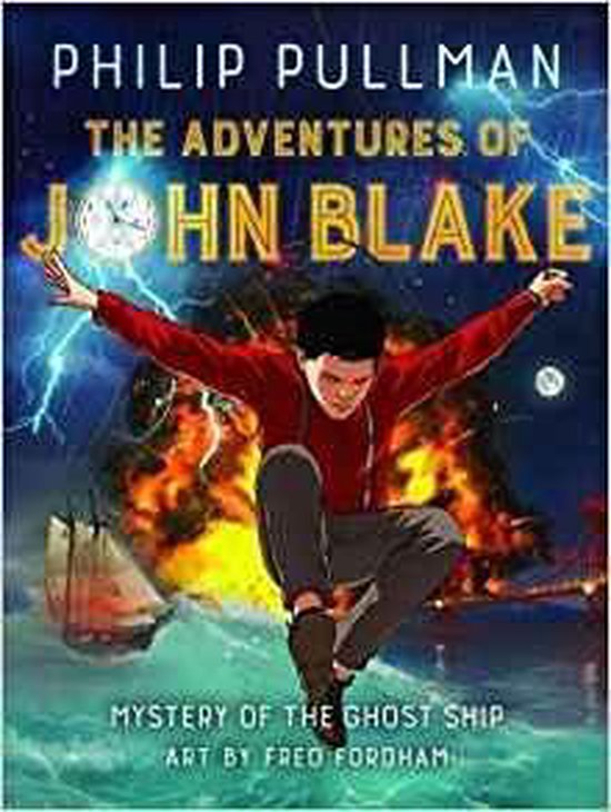 Boekomslag: "The Adventures of John Blake" met John Blake springend voor een schip in brand en bliksem.