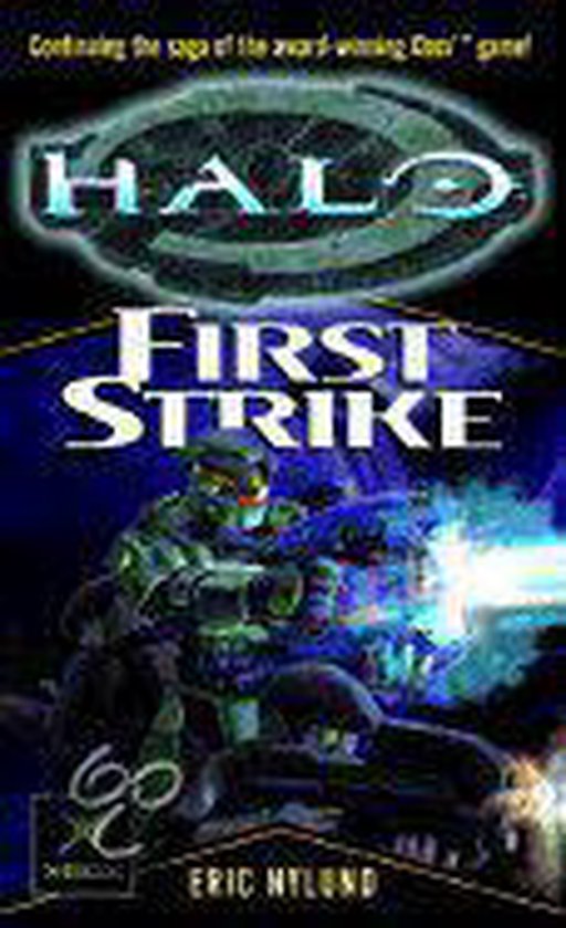 Boekomslag van Halo: First Strike met Master Chief die schiet.