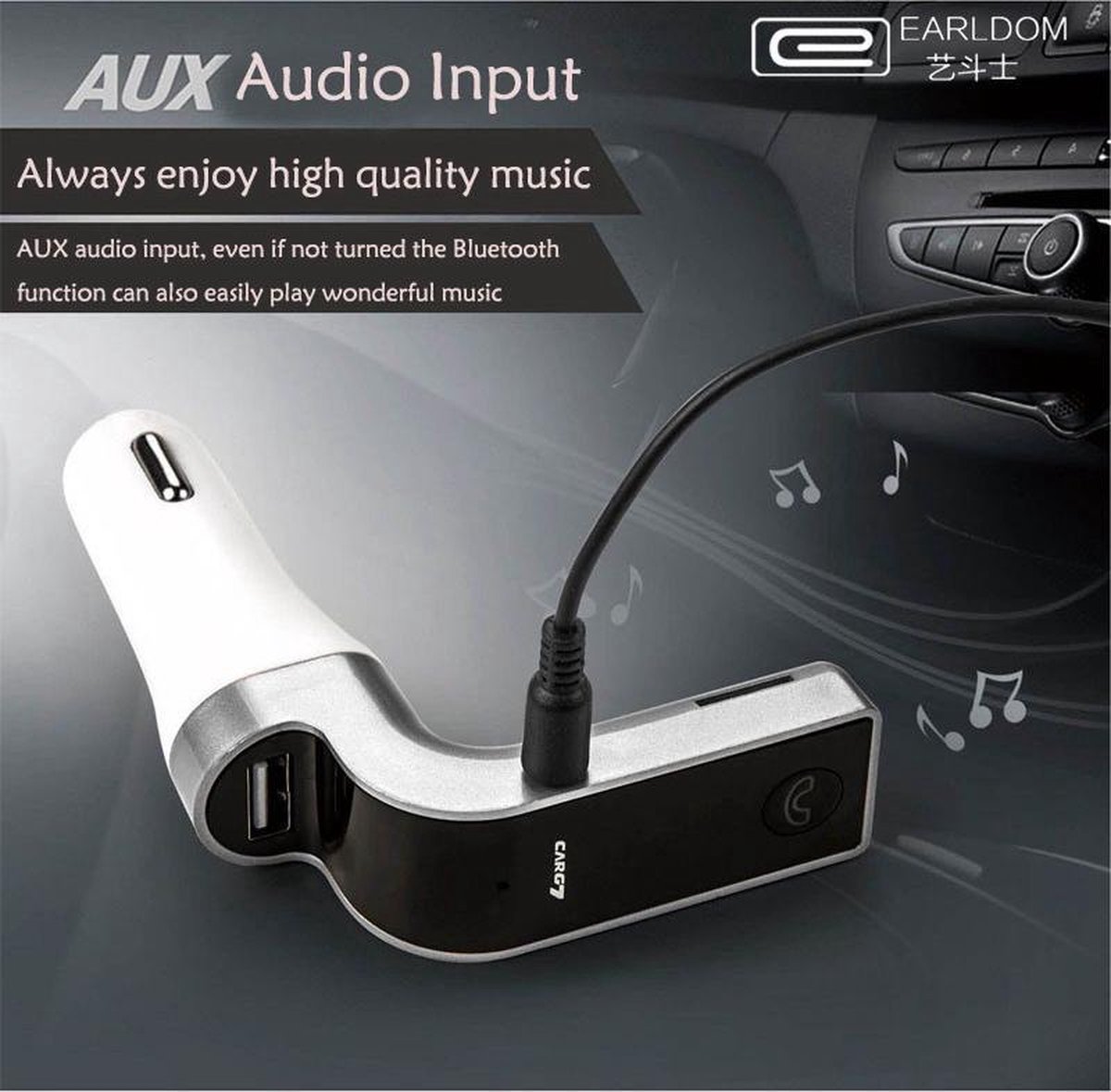 Bluetooth MP3 speler - autolader - met Micro SD slot - inclusief Aux Kabel - Zilver - Earldom