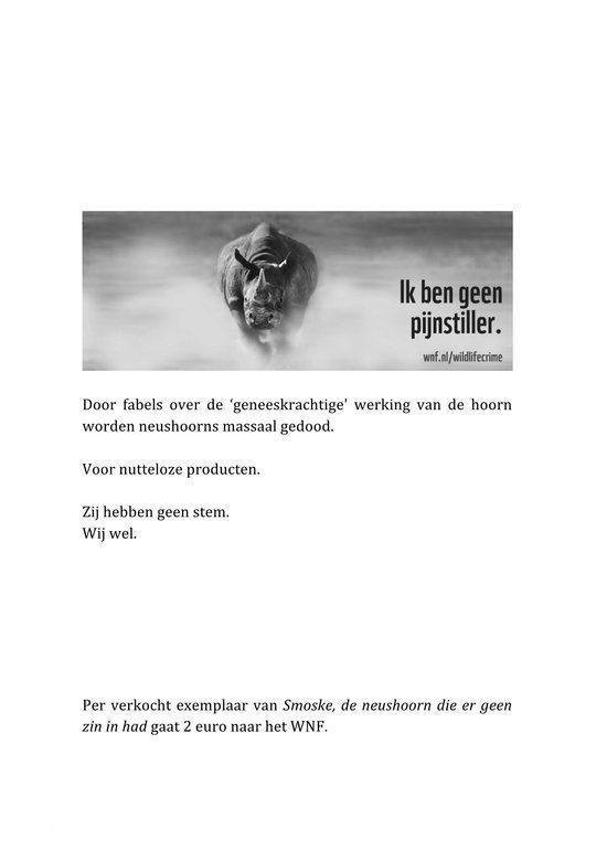 Een zwart-wit foto van een neushoorn met de tekst 'Ik ben geen pijnstiller.' en 'wnf.nl/wildlifecrime'. Daaronder tekst over de neushoorn en de verkoop van het boek.
