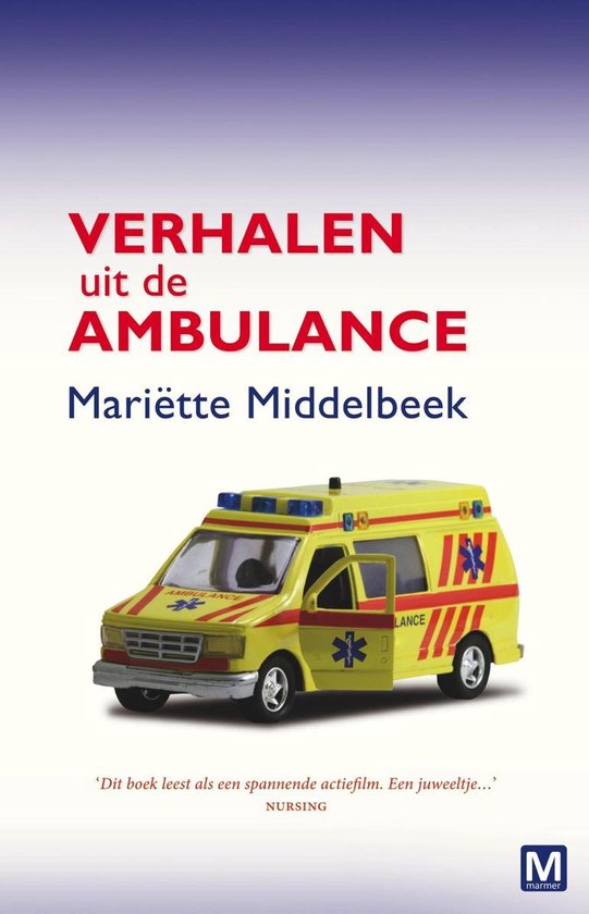 Boek 'Verhalen uit de ambulance' met een gele ambulance op de voorkant.