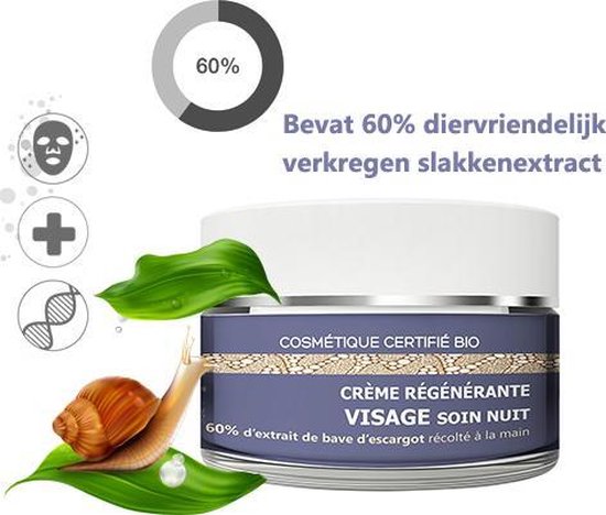 Organic Slakken Nacht crème Anti-age - 60% Slakkenslijm & Vitamine E - 50ml
