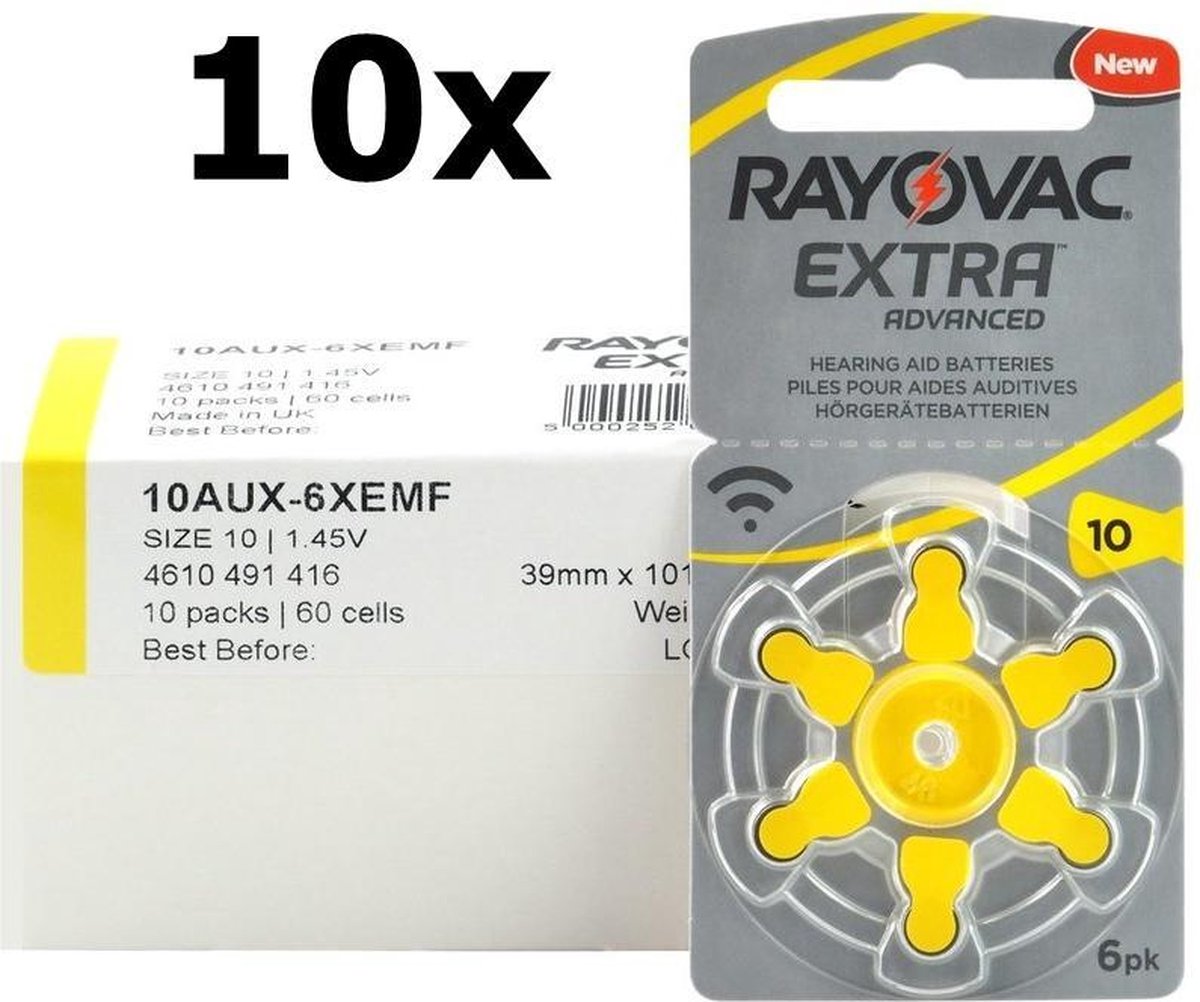 60 Stuks (10 Blisters a 6St) - Rayovac Extra Advanced 10MF Hg 0% Gehoorapparaat batterijen 1.45V