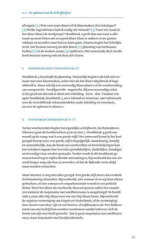 Pagina 17 van het boek 'Schrijfwijzer', met uitleg over de opbouw van schrijfwerk, met als voorbeeld een diner. De tekst is in het Nederlands.