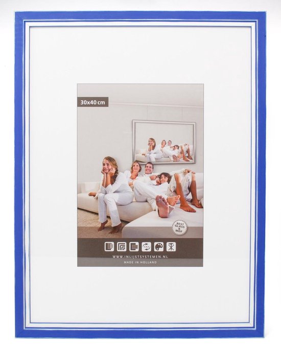 3D Houten Wissellijst - Fotolijst - 30x40 cm - Helder Glas - Blauw / Wit met Spacer
