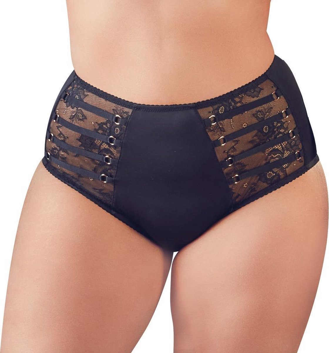 Cottelli Plus Size – Slip met Kanten Inzetstukken en Gouden Ringen – Maat XL – Zwart