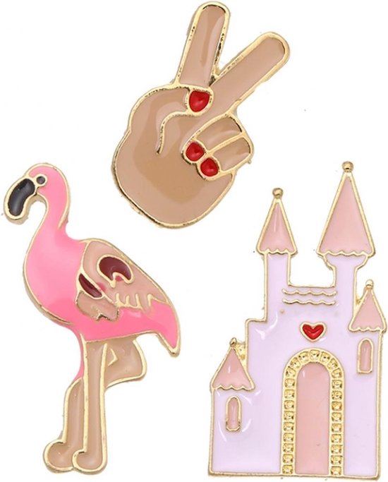 Pins set Sprookjeskasteel, flamingo en handje. je kleding en accessoires. | bol.com