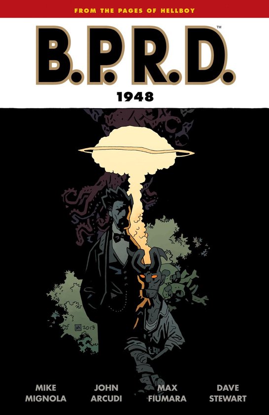 B.P.R.D.: 1948 comic boek cover met een explosie in de lucht en twee figuren.