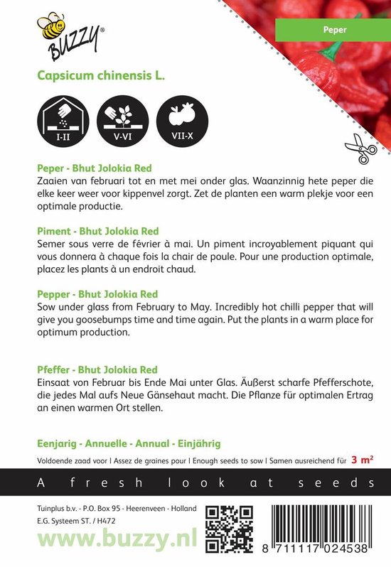 Verpakking met informatie, illustraties van rode pepers en planten, en kweekinstructies.