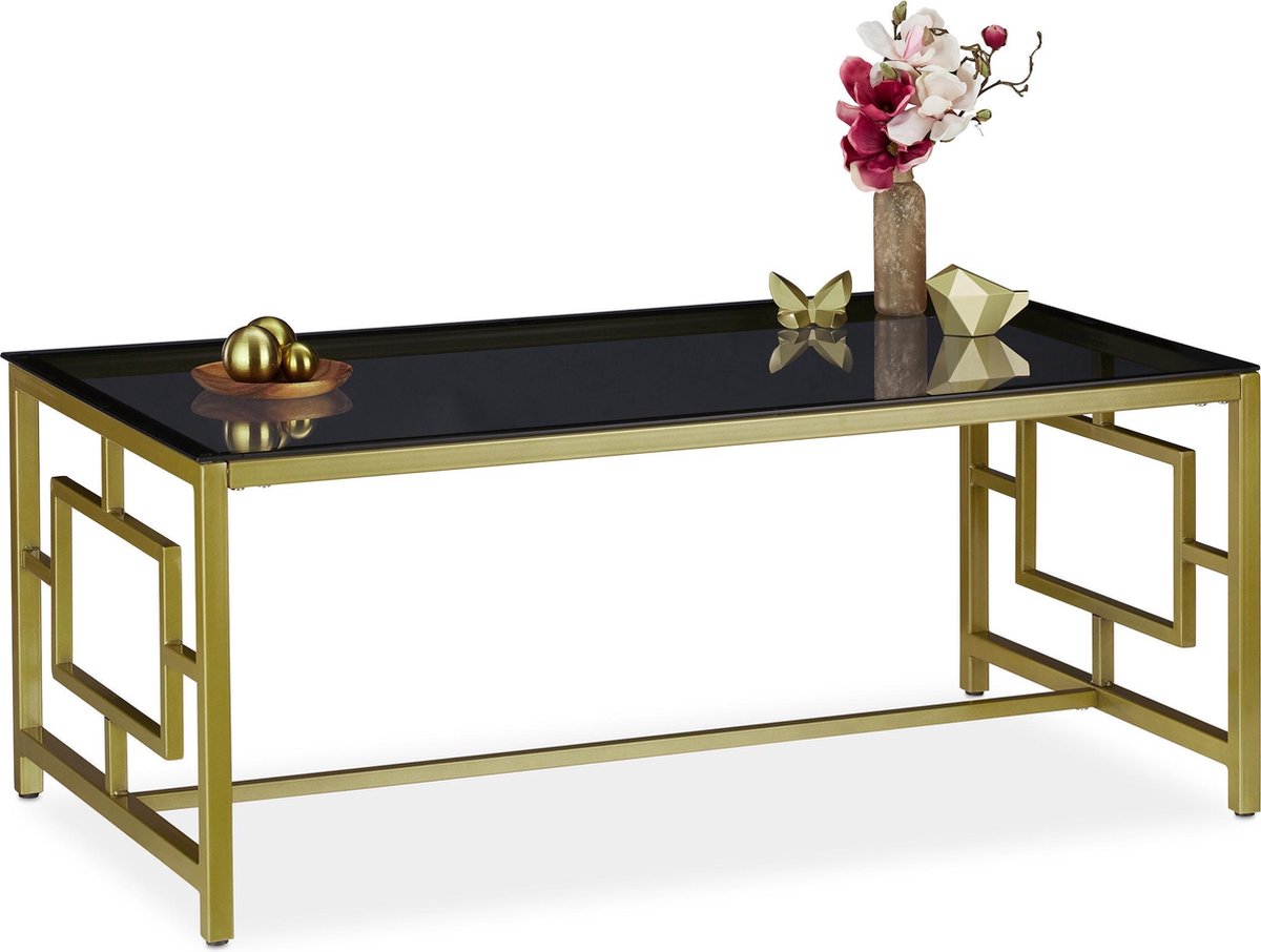 Relaxdays salontafel glas glastafel koffietafel goudkleurig frame zwarte glasplaat