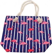 Strandtas flamingo print blauw 43 cm - Strandartikelen beach bags/shoppers met ritssluiting