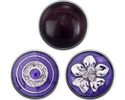 Quiges - Chunk 18mm Click Button Drukknoop Set van 3 Stuks Symbolen Paars met Zirkonia & Bloem - EBCMSET022