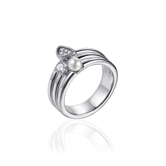 Jewels Inc. - Ring - Fantasie gezet met Zirkonia steen en parel - 12mm Breed - Maat 50 - Gerhodineerd Zilver 925