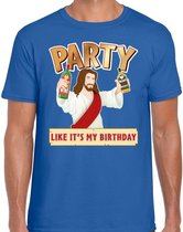 Fout kerst t-shirt blauw - party Jezus - Party like its my birthday voor heren - kerstkleding / christmas outfit M