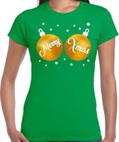Fout kerst t-shirt groen met gouden merry Xmas ballen borsten voor dames - kerstkleding / christmas outfit L