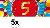 5x 5 Jaar leeftijd stickers 19 x 6 cm - 5 jaar verjaardag/jubileum versiering 5 stuks