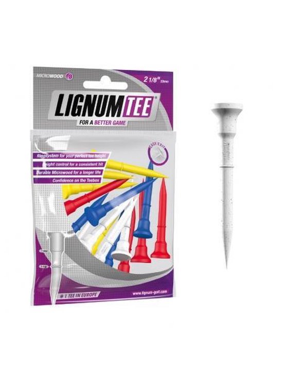 Een pakje met 10 Lignum golftees van 53 mm in de kleuren rood, blauw, wit en geel. Een losse witte golftee is ernaast afgebeeld.