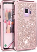 Extra Stevige Luxe Shockproof Glitter Back Cover voor Samsung Galaxy S9 - Armor Case met 360º Bescherming - Roze met Glitters Hoesje - 3 in 1 Hybrid