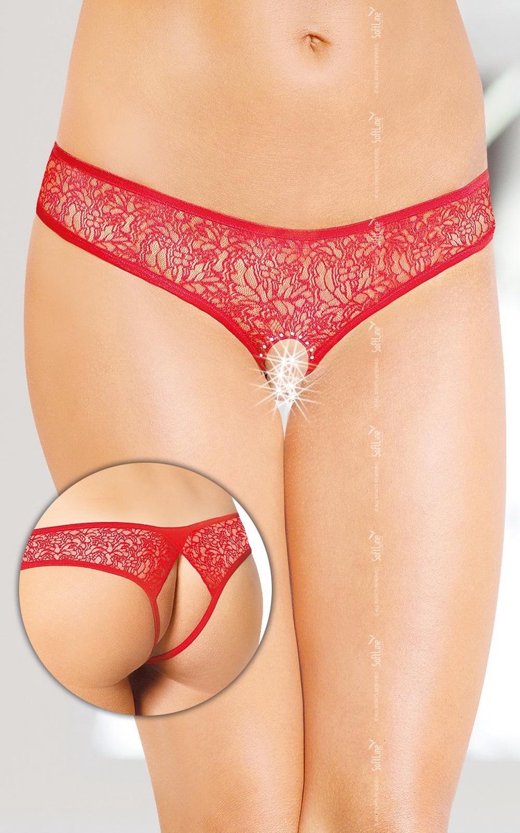 Softline - Dames Lingerie - Sexy Kanten String met Open Kruis en Open Achterkant - Uitdagend Bloemen Motief - Doorschijnend - M/L - Rood