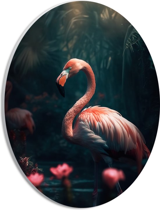 PVC Schuimplaat Ovaal - Exotische Roze Flamingo in het Water bij Roze Lelies - 21x28 cm Foto op Ovaal (Met Ophangsysteem)