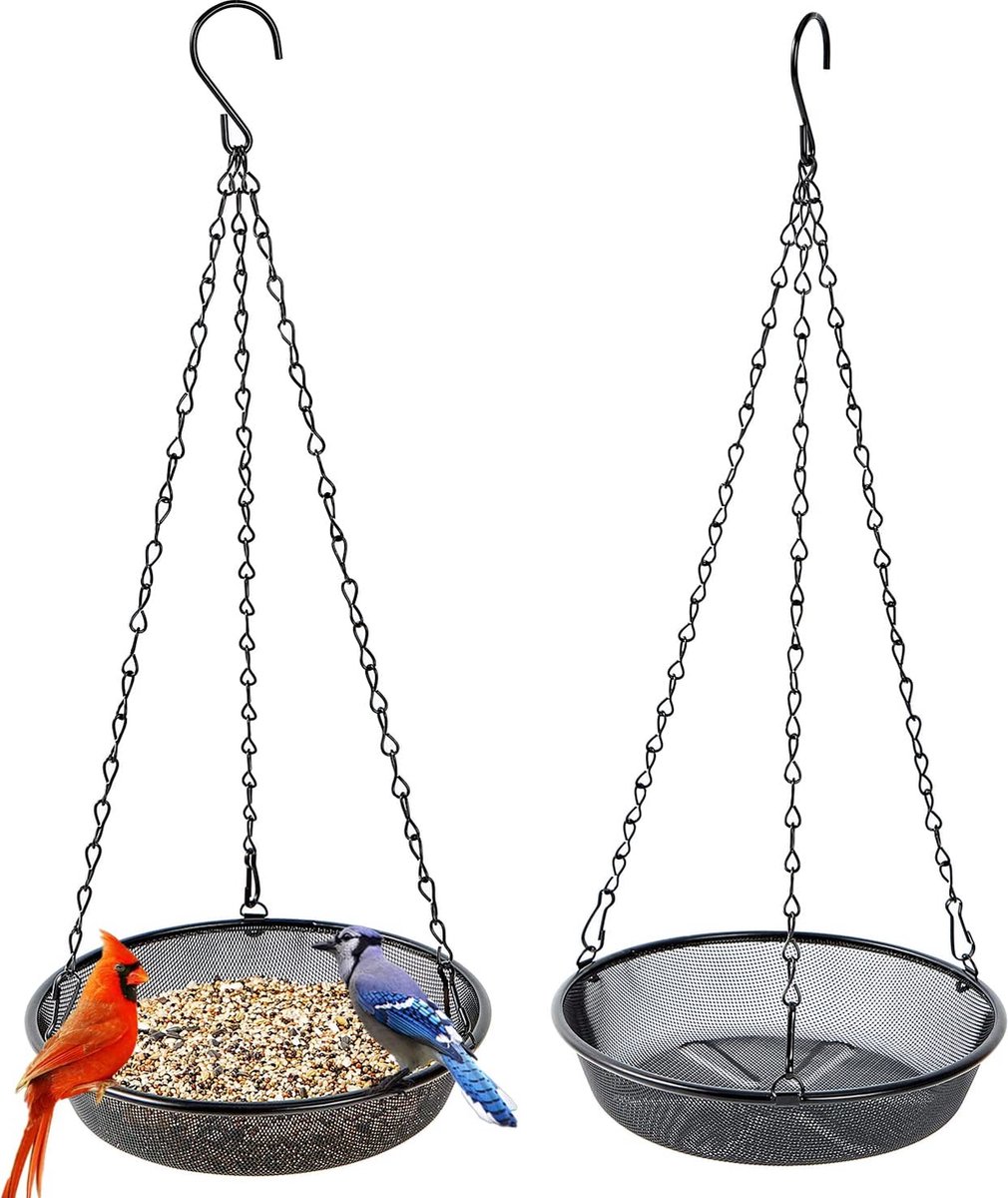 Set van 2 mesh ronde feeders, metalen mesh vogelvoeder om op te hangen, voederplatform voor vogels, buitentuindecoratie voor wilde achtertuin, trekt vogels aan. Diameter 21,5 cm