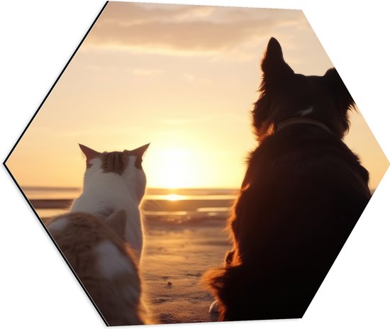 Dibond Hexagon - Kat en Hond op het Strand Kijkend naar Zonsondergang - 60x52.2 cm Foto op Hexagon (Met Ophangsysteem)