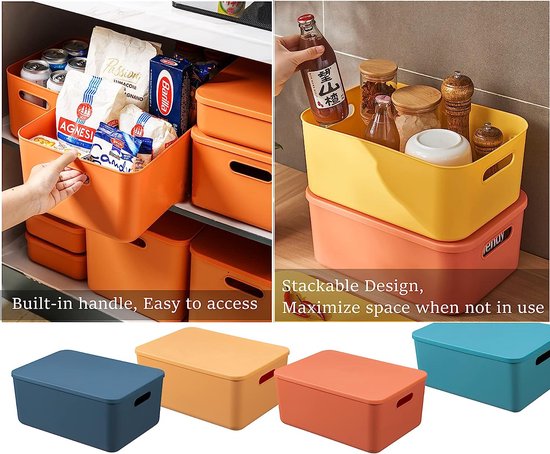 Opbergdoos met bamboedeksel, kunststof badkamerorganizer, kleine opbergmand met handvat, stapelbare kisten, opslag met deksel, voor keuken, badkamer, slaapkamer, balkon, planken (zwart