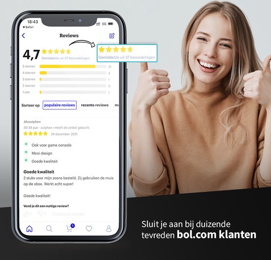 Review van een blije klant die 4,7 sterren geeft aan de muis.