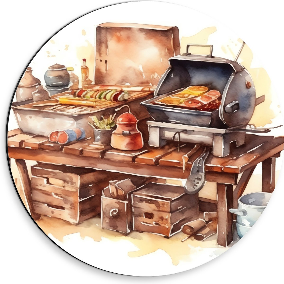 Dibond Muurcirkel - Waterverf Tekening met Barbecue en Eten - 30x30 cm Foto op Aluminium M
