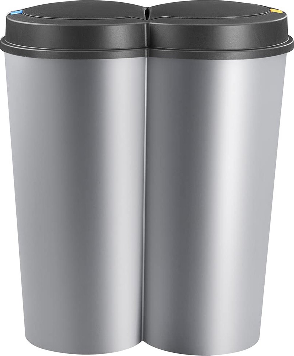 Deuba prullenbak 50 L Duo 2-weg scheidingssysteem 2x25L automatische drukknop keuken vuilnisbak afvalscheiding zilver