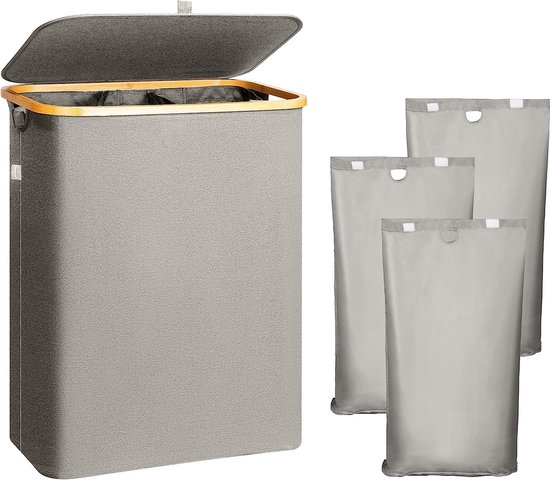 Warmiehomy Wasmand met deksel, 160 liter, 3 vakken, opvouwbare wasmand