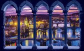 Fotobehang - Vlies Behang - Uitzicht op Praag Stad door de Pilaren 3D - 312 x 219 cm