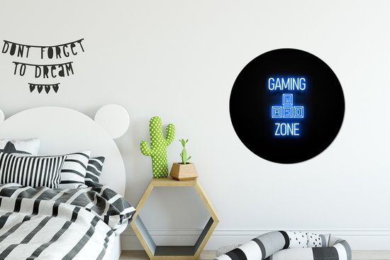 WallCircle - Wandcirkel - Muurcirkel - Gaming - Tekst - Gaming zone - Neon - Blauw - Aluminium - Dibond - ⌀ 60 cm - Binnen en Buiten