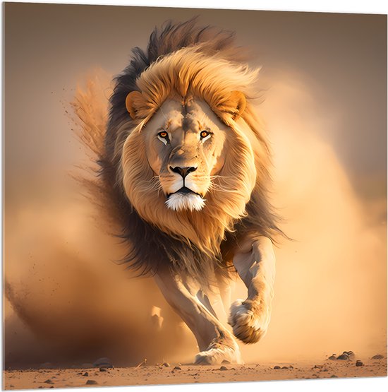 Acrylglas - Aanstormende Mannetjes Leeuw door het Afrikaanse Landschap - 100x100 cm Foto op Acrylglas (Wanddecoratie op Acrylaat)